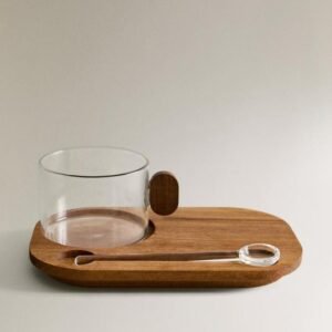 فنجان زجاج بورسليكات مع صينية - خشبية | Wooden serving tray